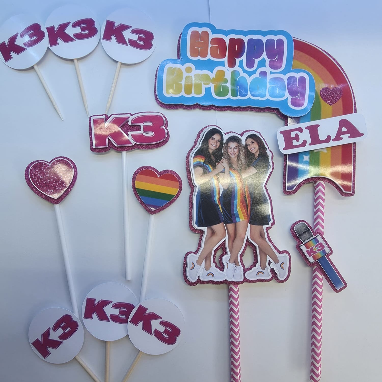 K3 Cake Topper – Personalized with Name & Age – Rainbow Girl Band Theme – Topo de Bolo K3 Personalizado – Décor Anniversaire K3