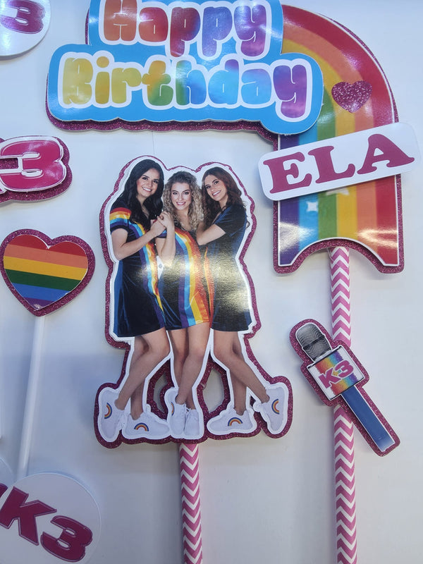 K3 Cake Topper – Personalized with Name & Age – Rainbow Girl Band Theme – Topo de Bolo K3 Personalizado – Décor Anniversaire K3