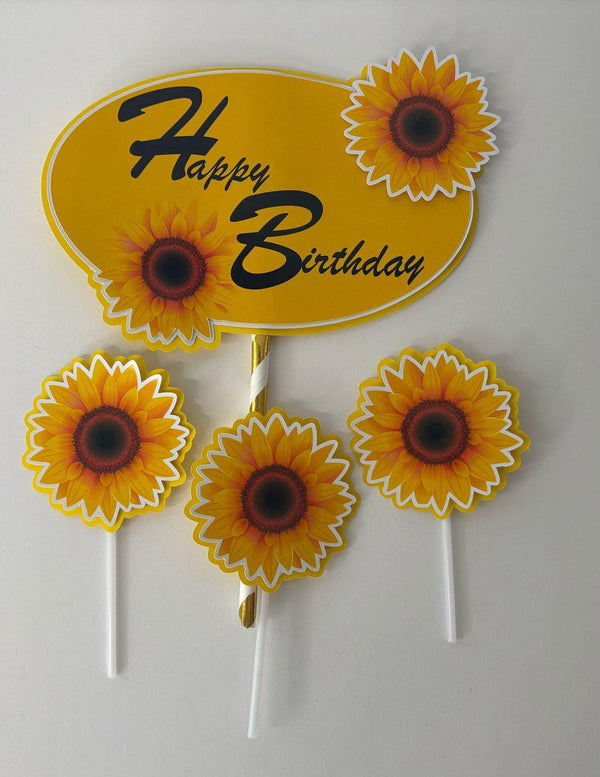 Sunflower cake topper, sunflower cupcake topper, customizable topper, flower cake decoration, sunflower birthday topper.