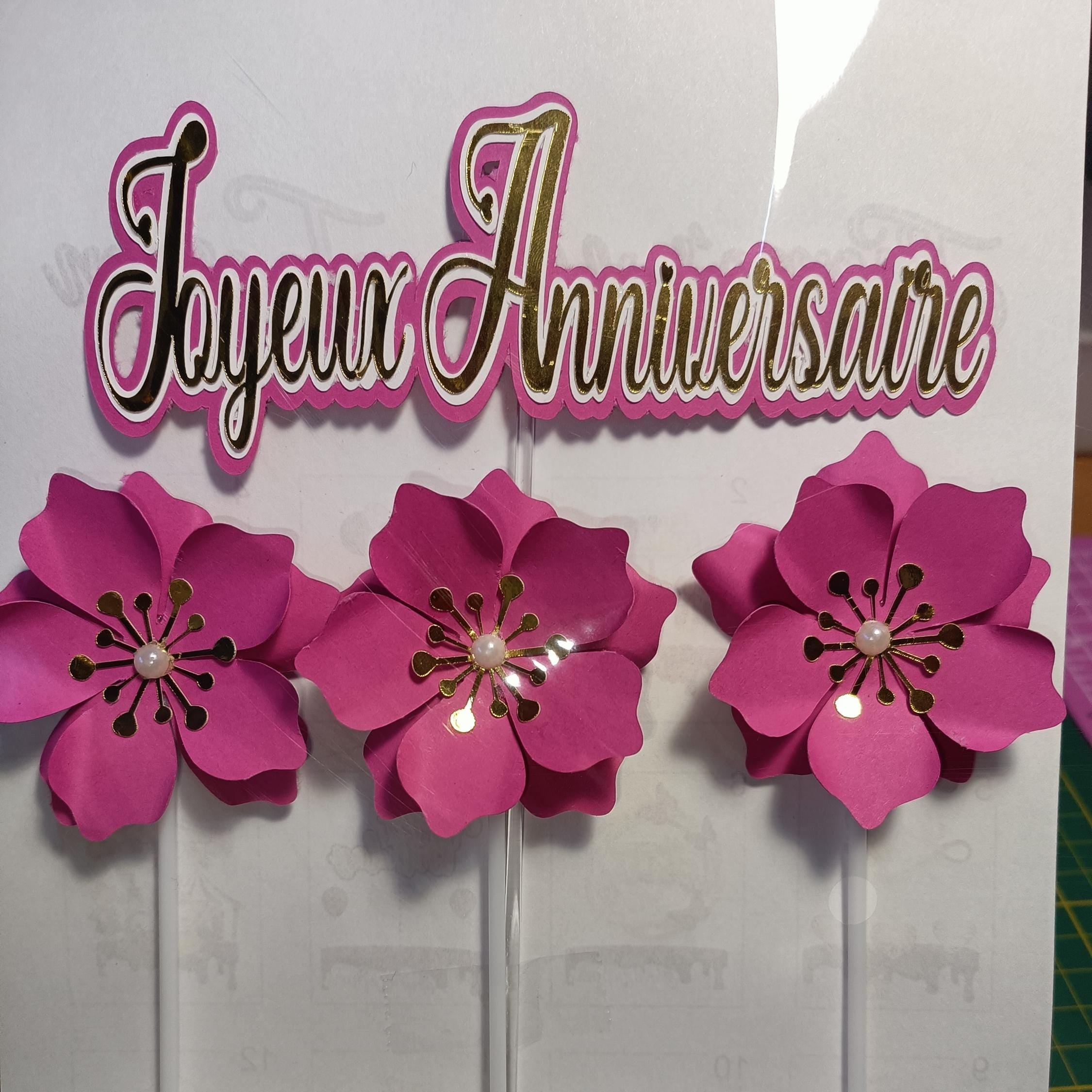 Joyeux Anniversaire Cake Topper – Pink and Gold Birthday Decoration with Flowers – Custom Name & Age – French Birthday Party Decor"