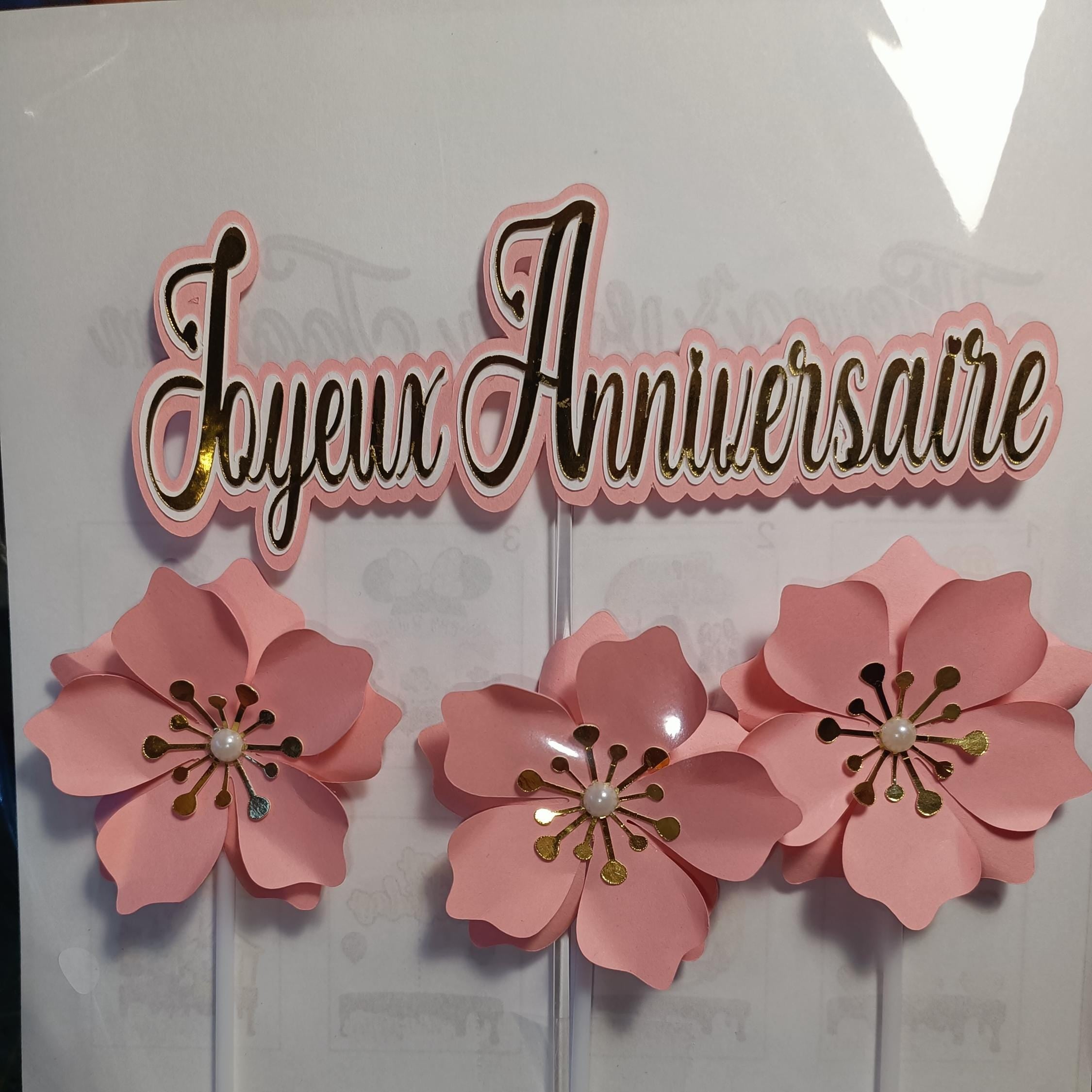 Joyeux Anniversaire Cake Topper – Pink and Gold Birthday Decoration with Flowers – Custom Name & Age – French Birthday Party Decor"