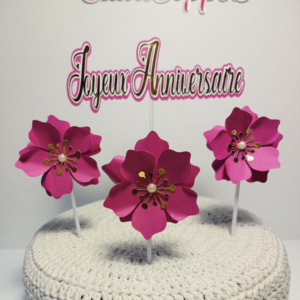 Joyeux Anniversaire Cake Topper – Pink and Gold Birthday Decoration with Flowers – Custom Name & Age – French Birthday Party Decor"