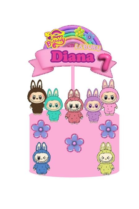 Labubu Cake Topper – Personalized with Name & Age – Handmade Bunny Birthday Decoration – 3D Topper for Girl’s Party-11p